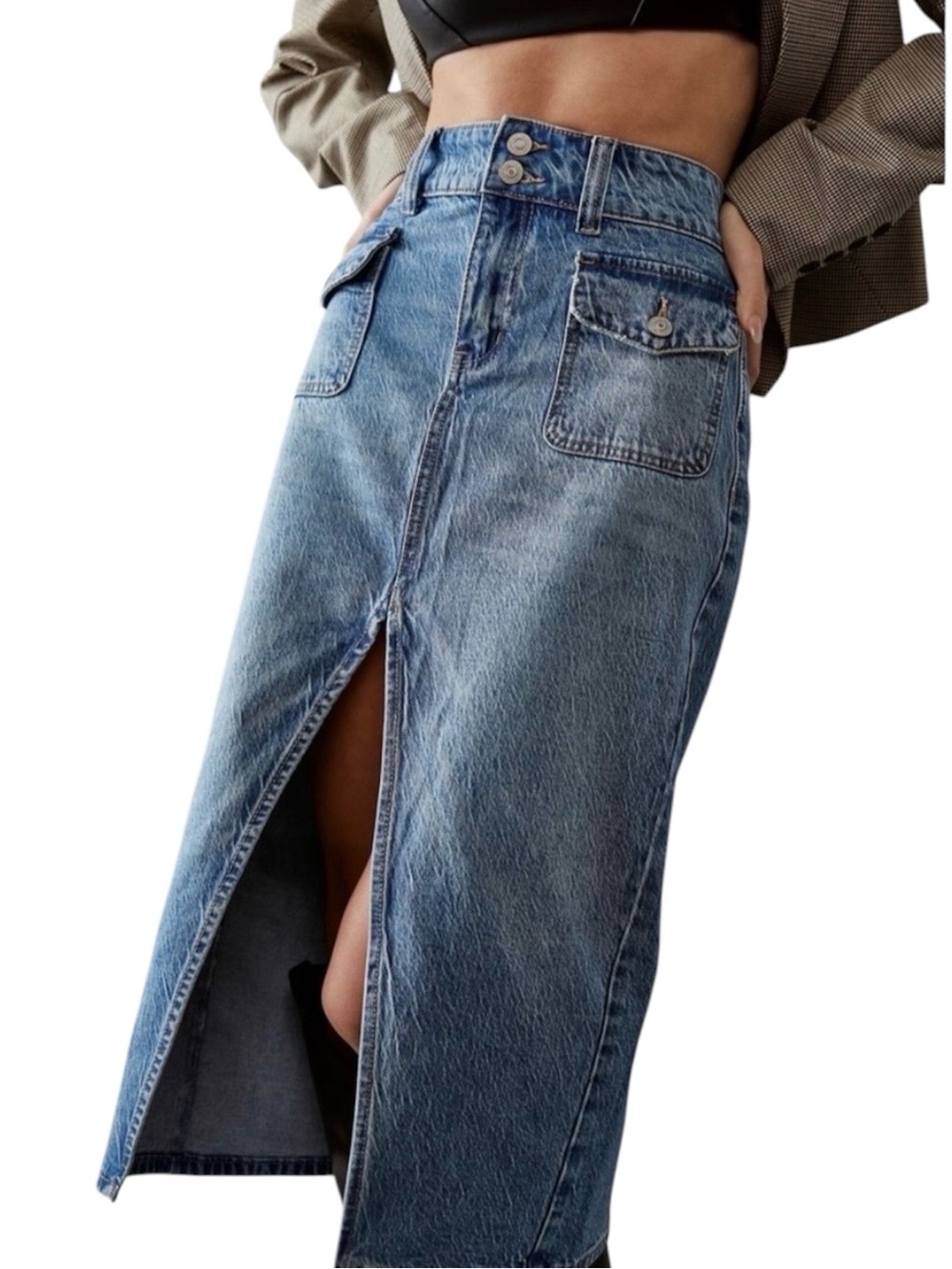We The Free Madison Midi Long Denim Skirt 32 Front Split Indie Sleaze Streetwear